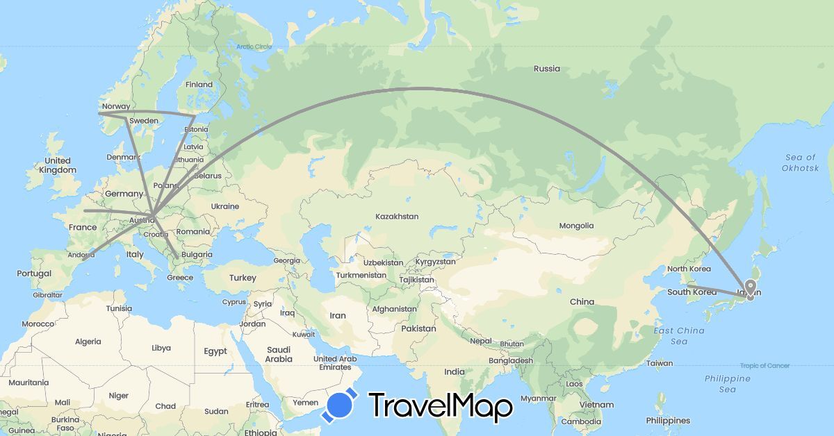 TravelMap itinerary: driving, plane in Austria, Spain, Finland, France, Japan, South Korea, Lithuania, Macedonia, Norway (Asia, Europe)